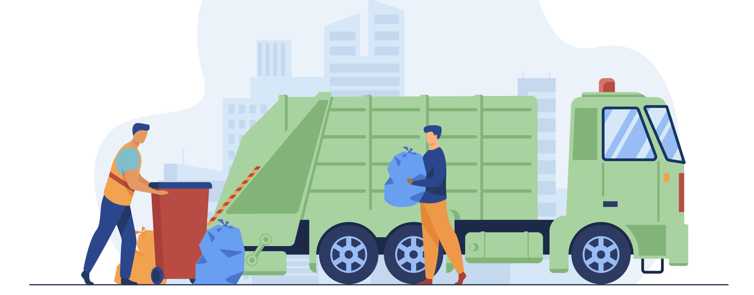 Trash pickup worker cleaning dustbin at truck. Man carrying trash in plastic bag flat vector illustration. City service, waste disposal concept for banner, website design or landing web page